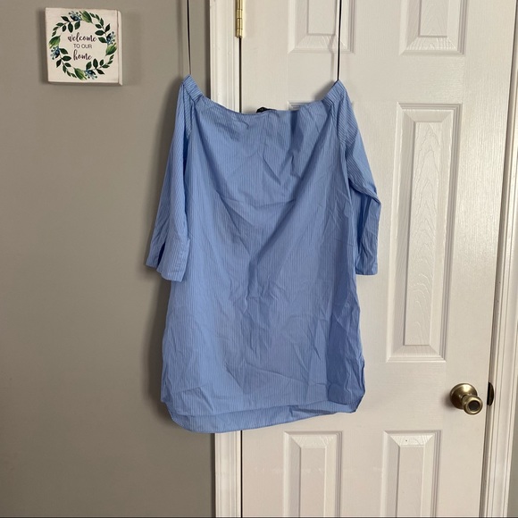 Zara Woman Off Shoulder Pinstripe Embroidered Floral Dress Tunic Medium Blue Red - Picture 9 of 14